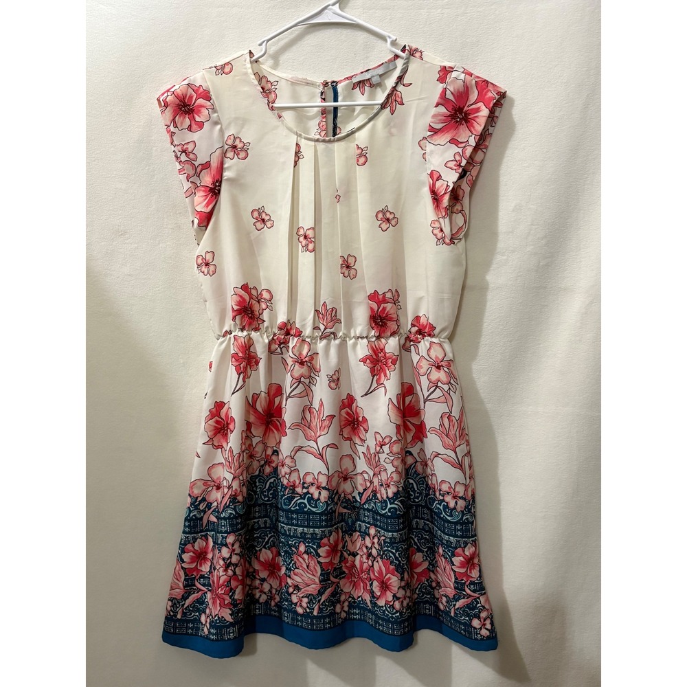 Sweet Rain Floral Mini Dress Cream Pink Blue Cap Sleeve Pleated Neck Size L